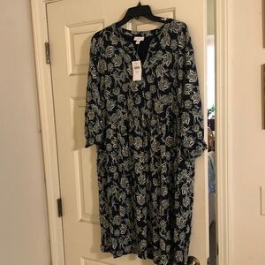 J. Jill Navy and Cream Floral Long Sleeve Dress